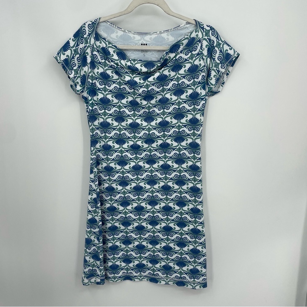 Title Nine Blue Majestic Athlesuire shirt Dress Sz S‎ cap sleeve cowl neck ibiza